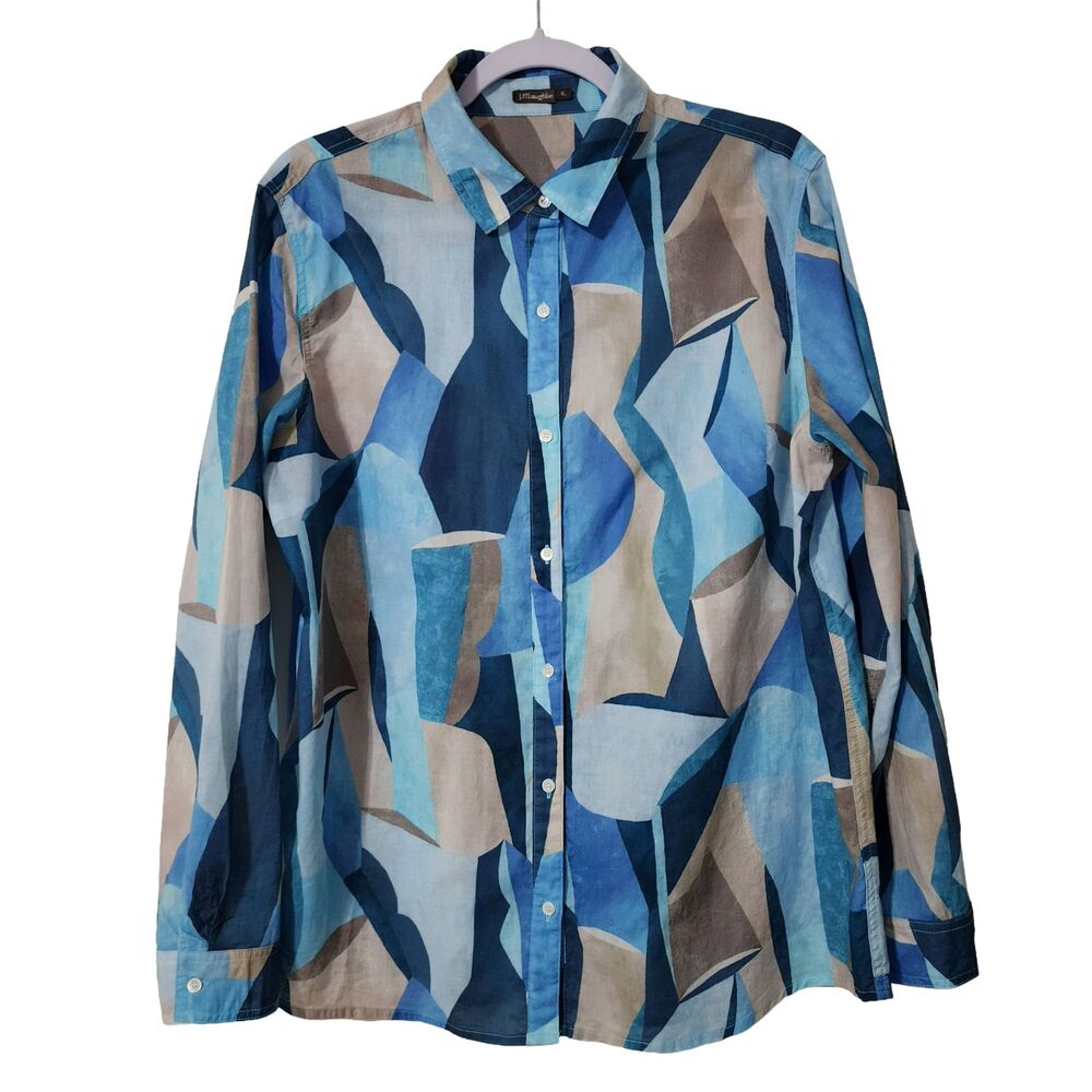 J. McLaughlin Women's XL 100% Cotton Button-Up Shirt Blue Beige Abstract Print